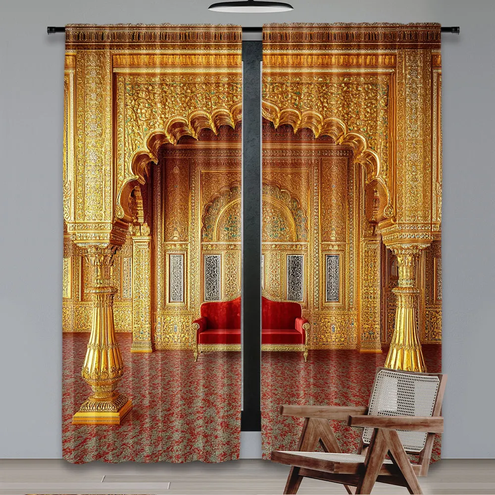 2Pcs Indian Royal Palace Curtain Interior Audience Hall In Anup Mahal And Maharaja Throne With Gold Carvings Aesthetic Drapes