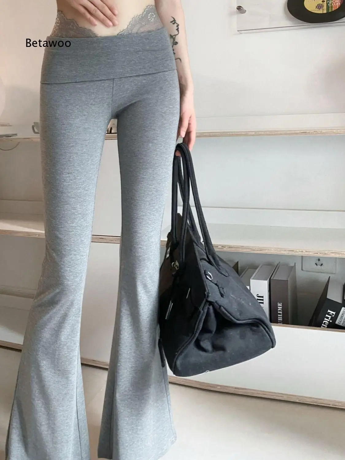 Stretchy Knit Bell Bottom Flare Pants For Women Fold Over Waist Trousers For Daily Casual Streetwear And Dating Outing Events