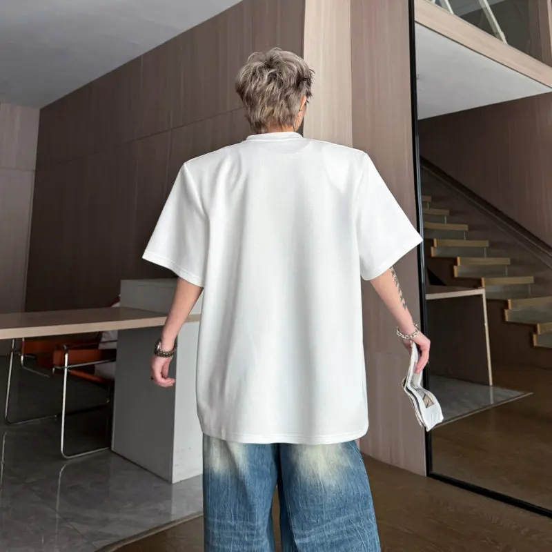 2026 Summer New High Street Round Neck Shoulder Padded Short Sleeve T-Shirts Men's Fashion Handmade Bead Decorative Design Tees