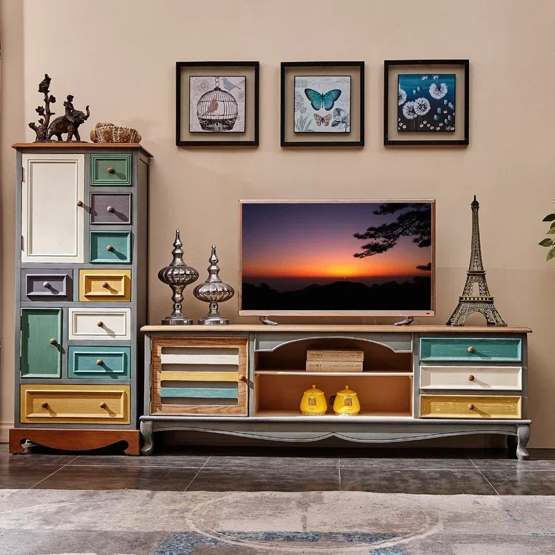 Luxury Aesthetic TV Locker Monitor Stand Wooden American Country TV Cabinet Painted Living Room Mueble Tv Salon Home Furniture