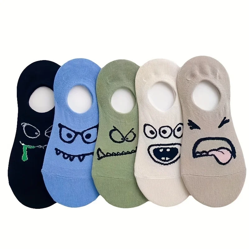 5 Pairs Of Cartoon Print Crew Socks, Funny Breathable Low Cut Ankle Socks, Women's Everyday Work Boat Socks