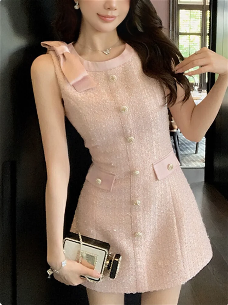 

Luxury Summer Pink Lady Princess Girl Mini Birthday Dress French-style Sweet Bow O Neck Sleeveless A Line Short Vest Tank Dress