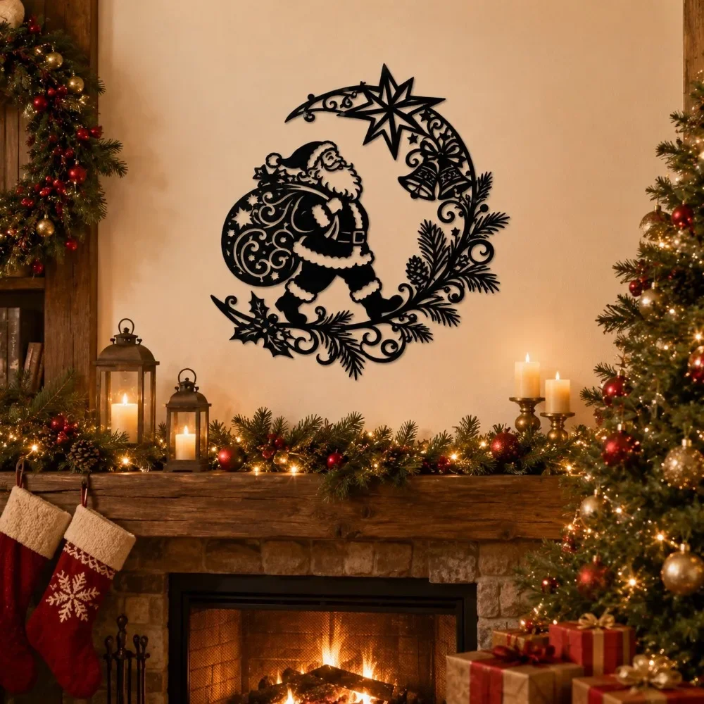 CIFBUY Santa Moon Metal Wall Art Iron Sign Gift Bag Bell Pine Hanging Decor Home Living Room Farmhouse Rustic Accent
