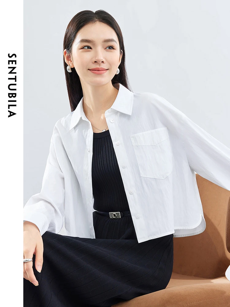 SENTUBILA ボタンアップ白クロップドシャツ女性 2025 春秋ファッション綿ブラウスドロップスリーブトップス女性服 141C52946
