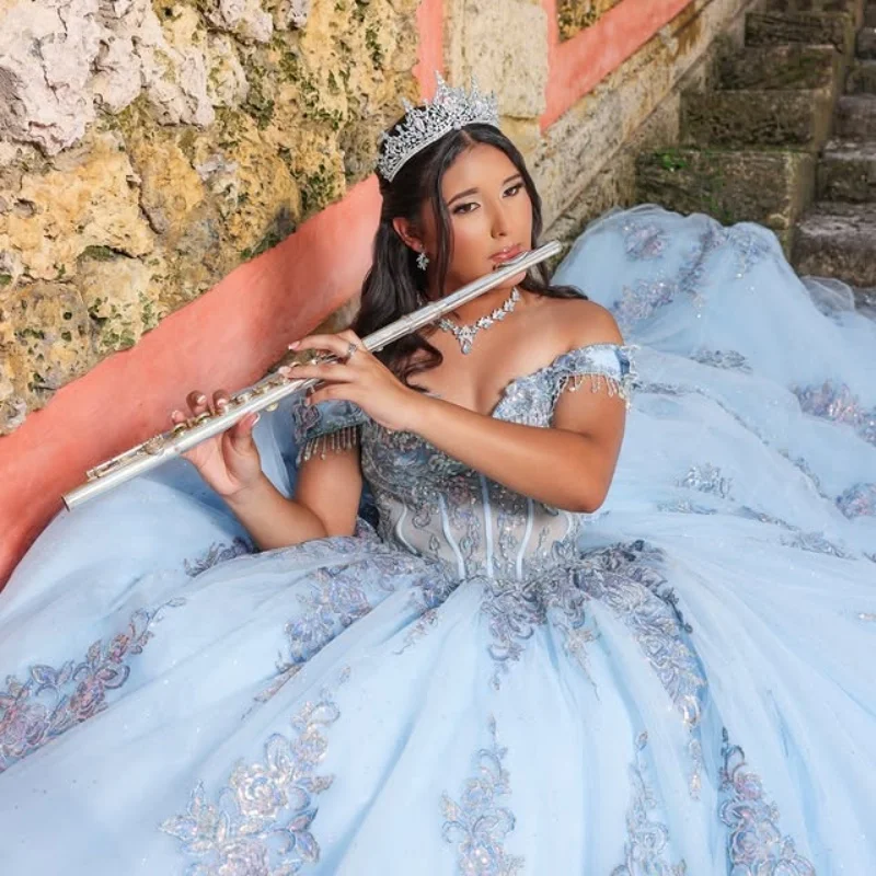 

Light Blue Quinceanera Dresses off-shoulder Glitter Crystal layering 3D Flower Long tail Vestido De 15 Quinceanera Customize