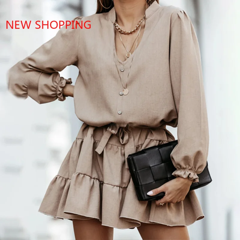 

Women's Ruffle Mini Dress, Loose Casual Dresses, A-Line, V-Neck, Short Lantern Sleeve, Khaki, Streetwear, Fashion, Spring,