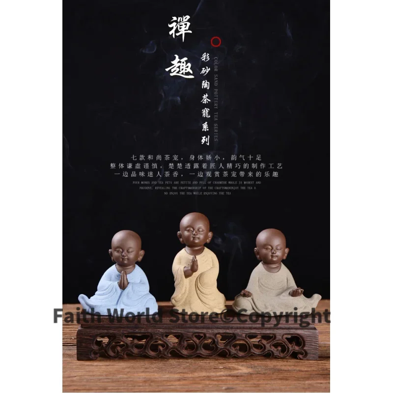 3PCS # Marvellous Spiritual ART # OFFICE home Buddhism Buddha CHAN DAO Little Monk sand-fired kiln porcelain pottery ceramic ART