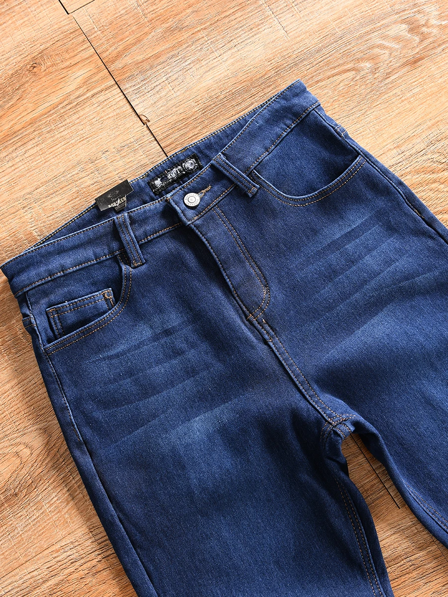 Men's Winter Fashionable All-Match Fleece-Lined Denim Jeans Four-Way Stretch Warm Youth Casual Fit Cotton Polyester Blend