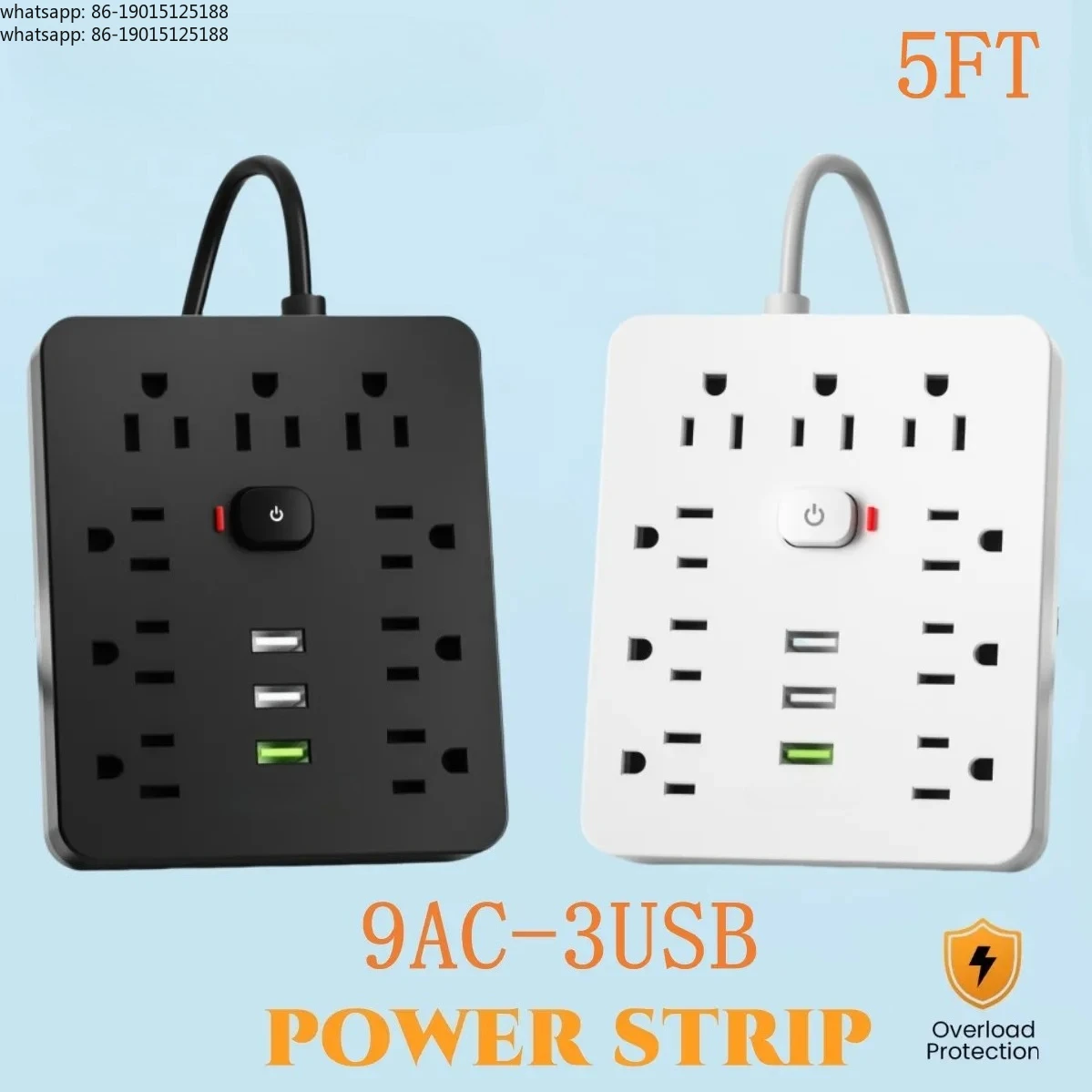 power strip Power Outlet with Surge Protector, 9 ac, 3 USB Ports, 5-Foot Extension Cord, Quick Charge, for Home and Office