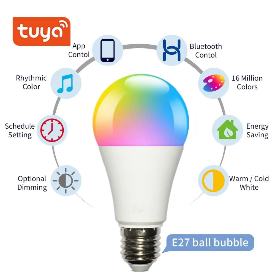 VnnZzo RGB Bluetooth Smart Bulb Tuya APP Control Dimmable 15W E27 RGB+CW+WW LED Color Change Lamp Compatible IOS/Android