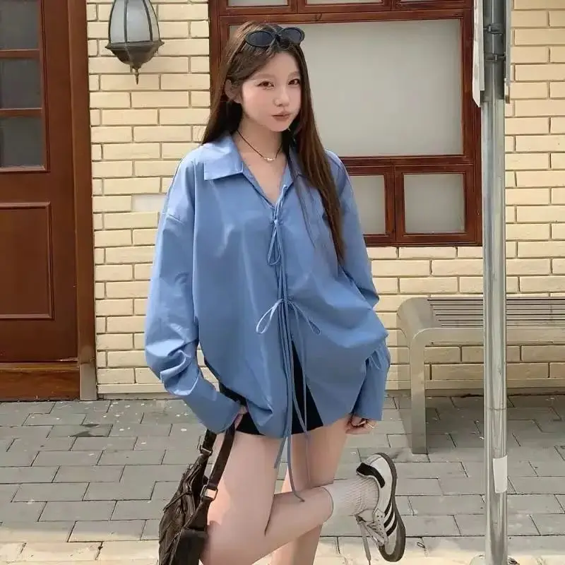 Koszule damskie w stylu koreańskim, niebieskie, sznurowane, z dekoltem w serek, z długim rękawem, vintage, luźne bluzki, codzienne, eleganckie w stylu francuskim, jednolite kolory.