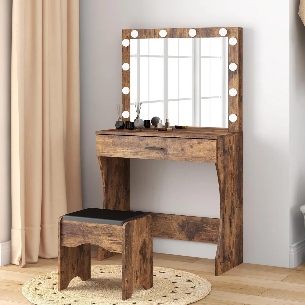 

Vanity Desk for Bedroom with Mirror and Lights, Vanity Set Makeup Vanity Table ，One Drawer Storage Makeup Table with Stool