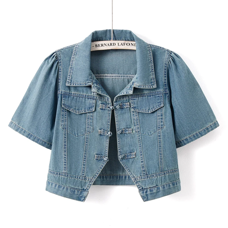 Summer Korean Thin Slim Short Denim Jacket Light Blue Dark Blue Women Cowboy Outerwear Lapel Short Sleeve Jeans Jacket Coat