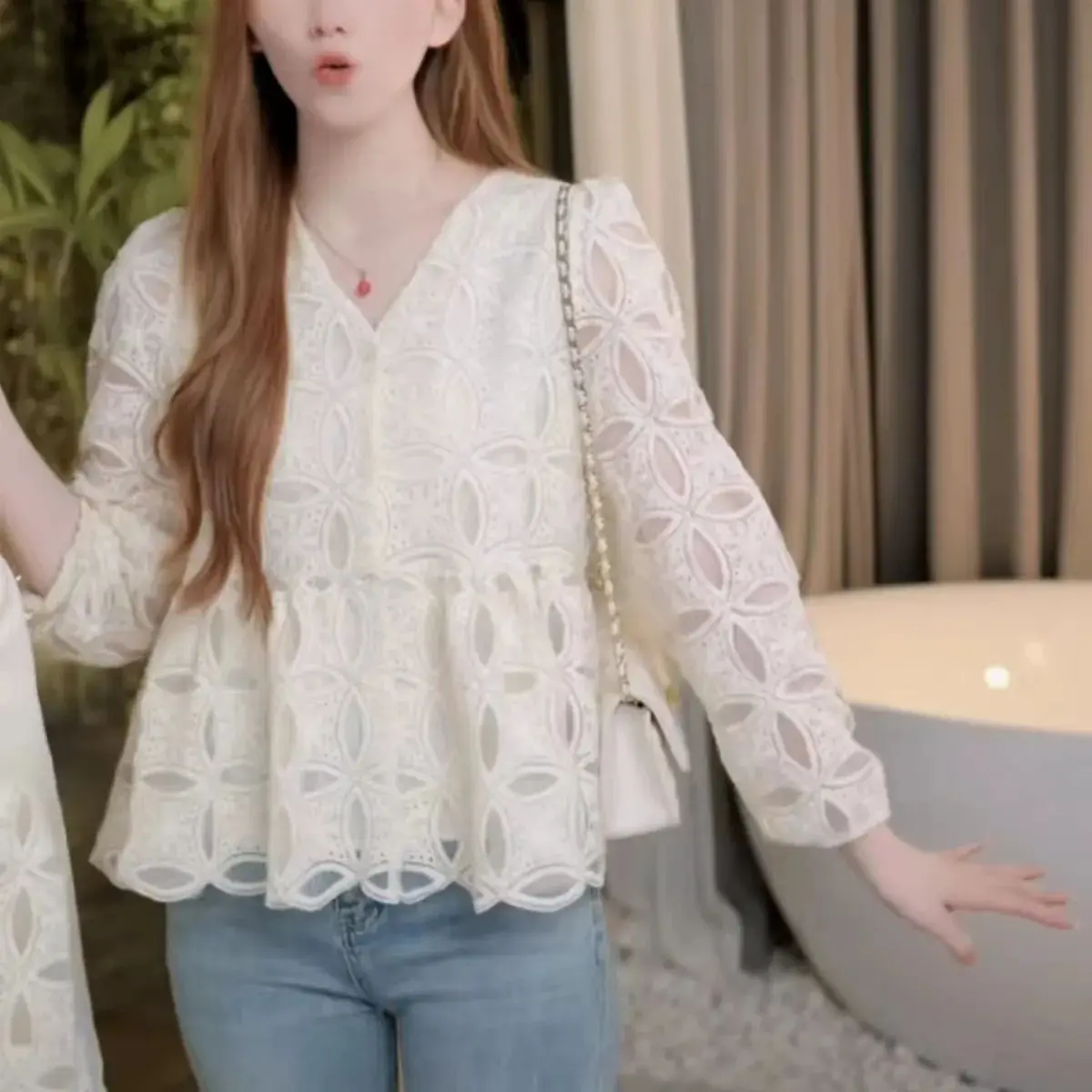 Femmes dentelle broderie irt Long Sve minceur ventre couvrant Faionable à la mode Anti-âge automne nouveau Sle décontracté ample...