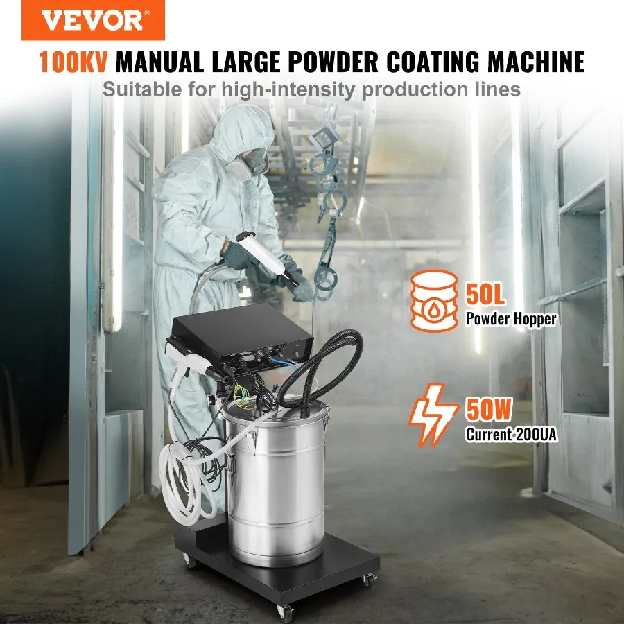 Powder Coating System 50 W 100KV Electrostatic Output Powder Coating Kit with 50L Powder Hopper 450g Per Minute Powder Coating
