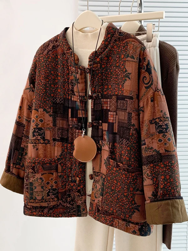 Women's Cotton Print Jacket Small Outerwear Stand Collar Winter Coat Loose Fit Long Sleeve Thickened Cotton Clothes