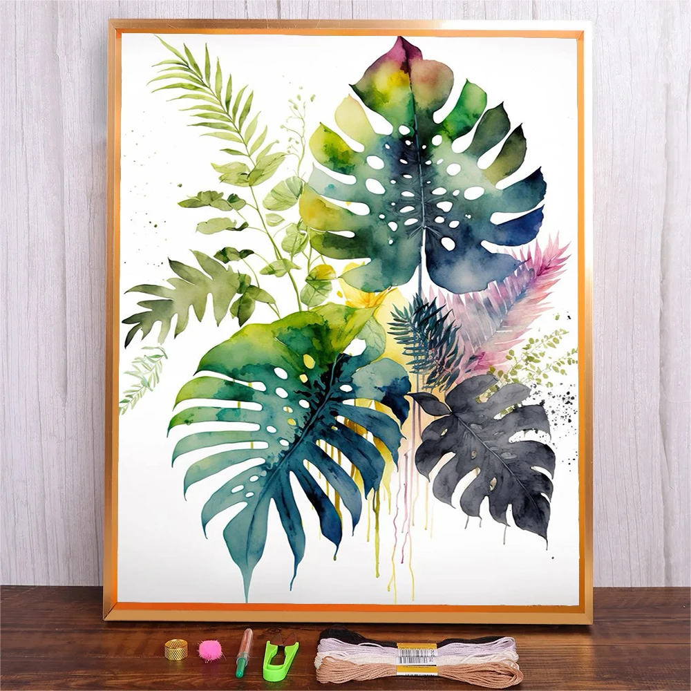 

Full Embroidery Leaves Needles Colorful Threads Cross Stitch Leaf 11CT Printed Embroidery Kits Canvas DIY Art For Living Room