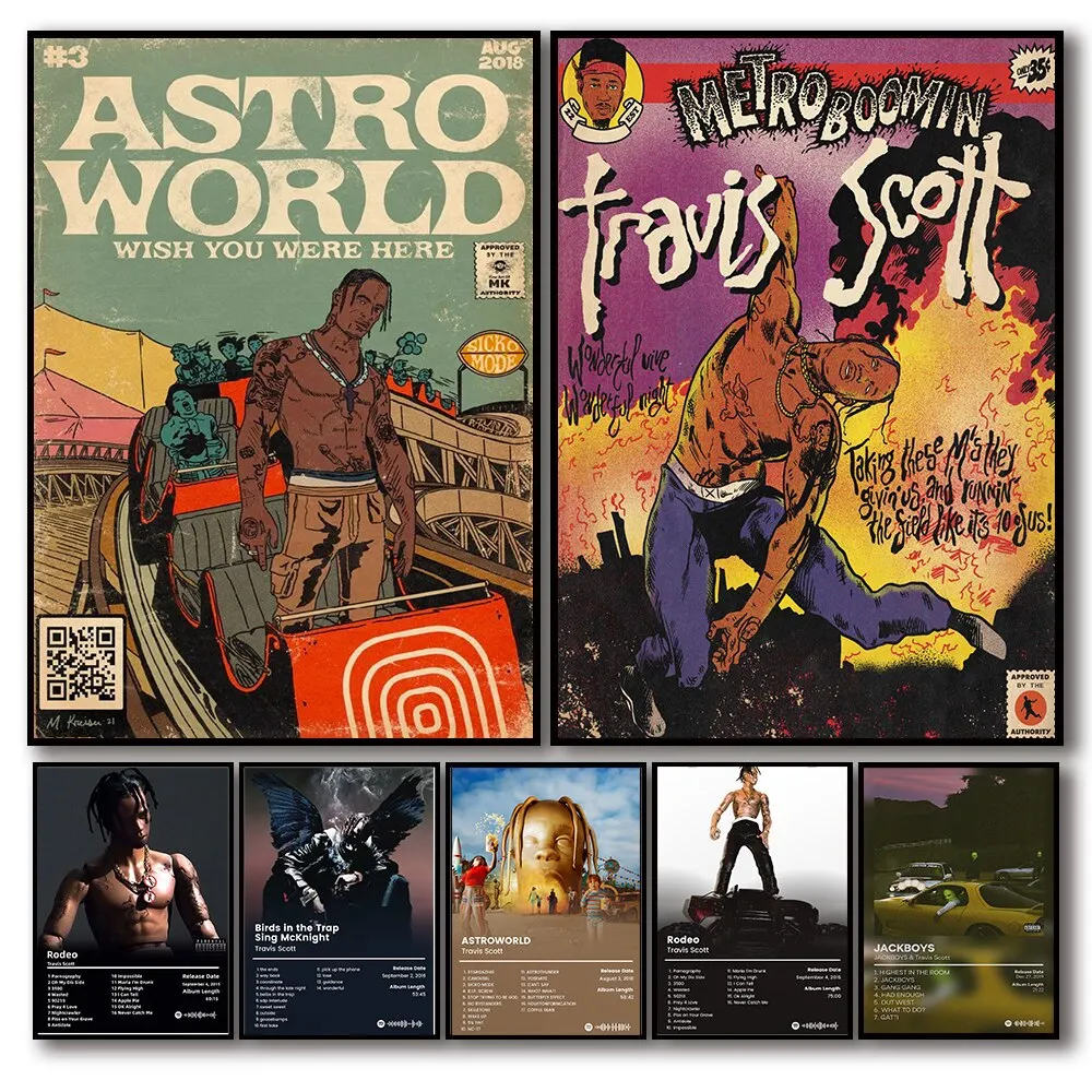 Póster de álbum de música de Travis Scott, lienzo estético de Hip Hop, decoración artística de pared para la habitación del hogar con estilo Joji Kid Cudi