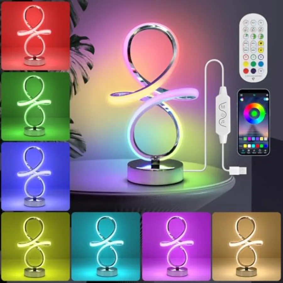 

Современные RGB-светильники для стола, светодиодная спиральная настольная лампа, серебряная прикроватная лампа с пультом ДУ и управлением через приложение, многоцветная ночная лампа с музыкой