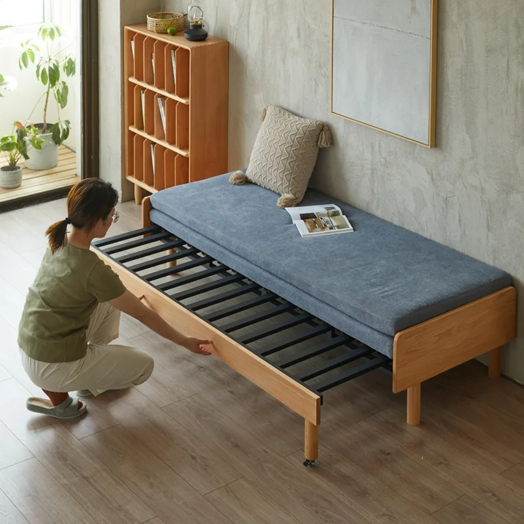 Solid wood sofa bed folding dual-purpose small apartment living room sofa bed telescopic wrought iron push-pull single bed