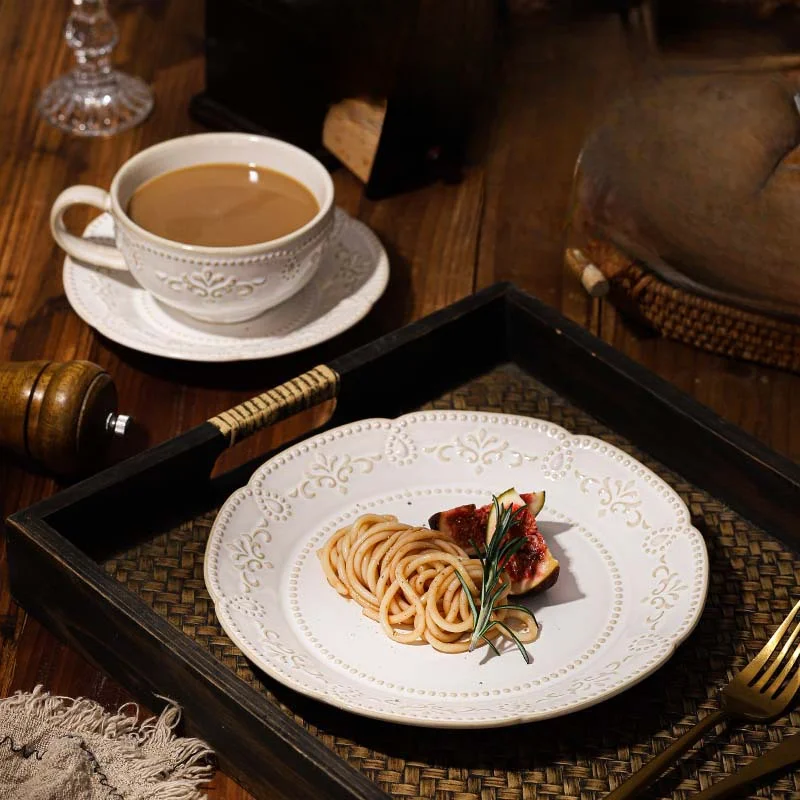 Ceramic Plate European Relief Plate Lace Home Western Cuisine Plate Kitchen Exquisite Breakfast Coffee Cup Set