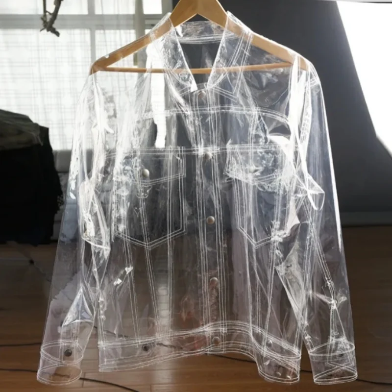 Men Sexy PVC Jacket Transparent Plastic Long Sleeve See Through Coat Fetish Waterproof Overcoat Hip Hop Live Show Dance Party