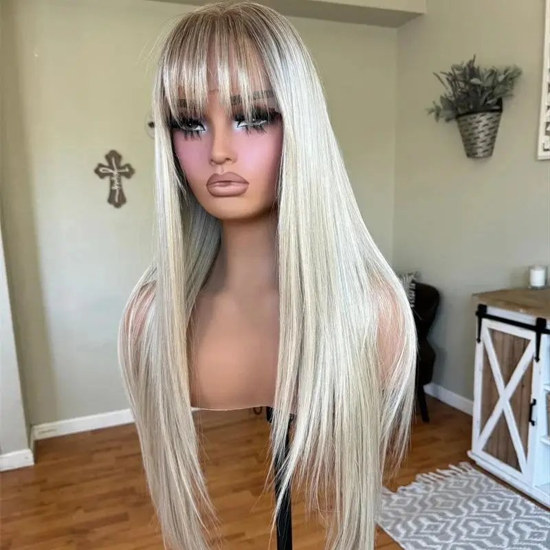 28 Inches Heat Safe Sythetic Wig For Women Ombre White Platinum Blonde HD Lace Front Wigs With Bangs Cosplay/Party/Daily Wigs