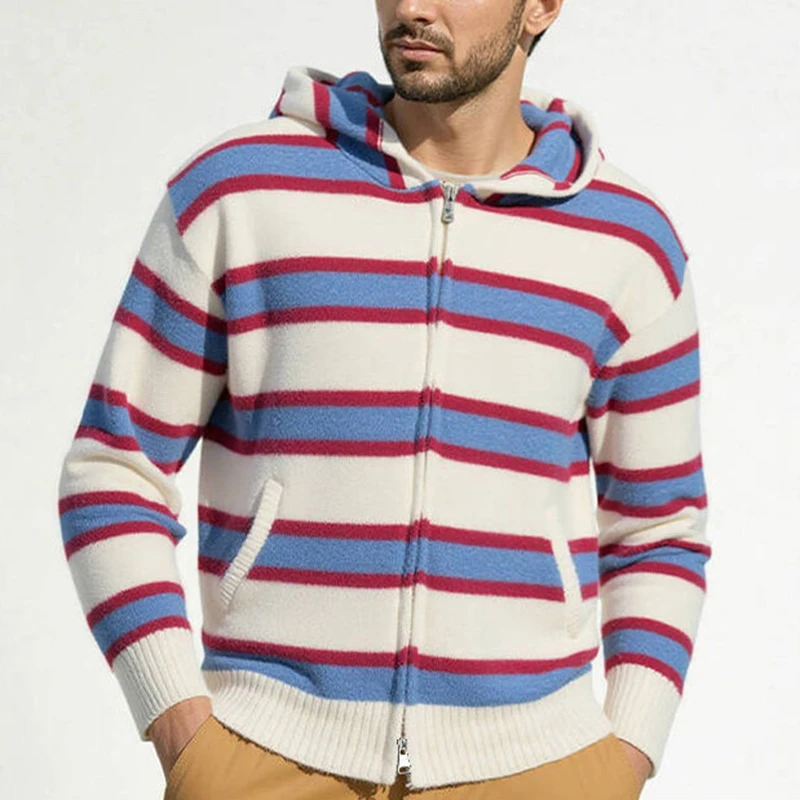 خمر التباين اللون مخطط سترة متماسكة رجل الخريف جديد عادية سحاب أكمام طويلة جاكت مزود بغطاء للرأس الرجال محبوك Sweatercoats