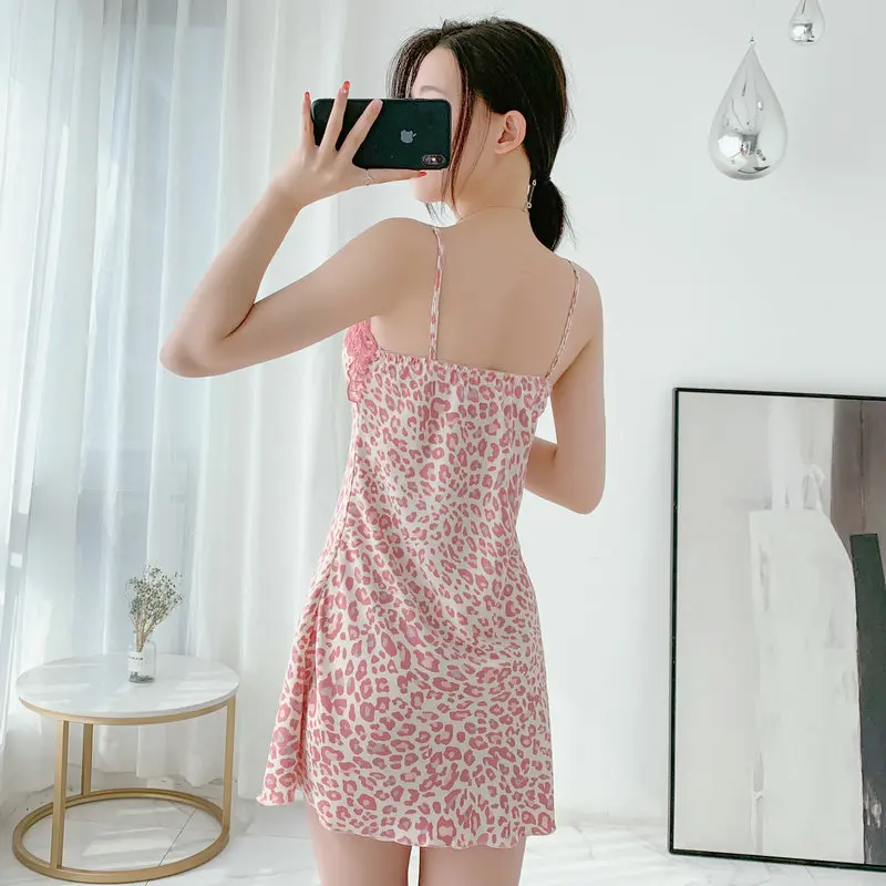 Suspenders nightdress female summer ice silk thin leopard-print lovely students summer net red in long with chest cushion home c