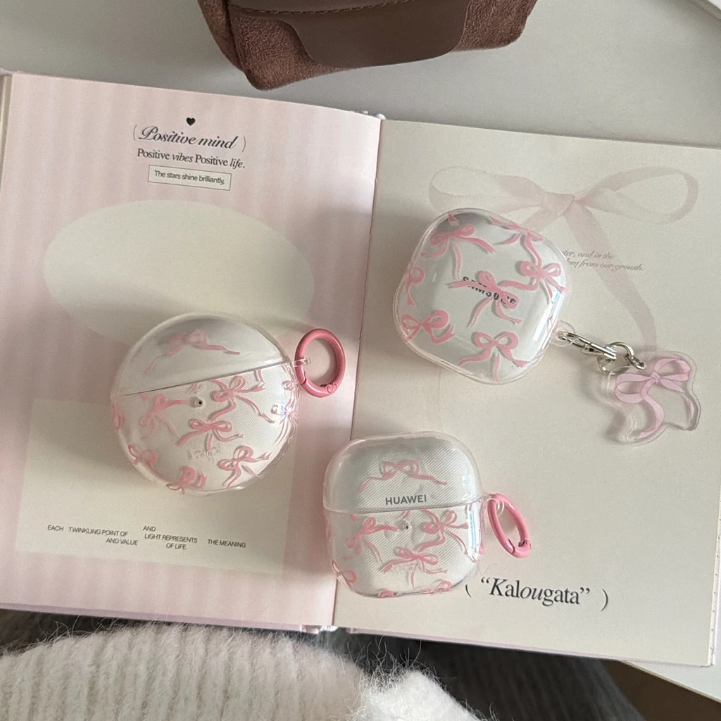Sanfte Ballett-Stil Transparente Rosa Schleife mit Anhänger Kopfhörer-Schutzhülle für Samsung Galaxy Buds 4 Pro 3 Pro 2 Pro FE Live