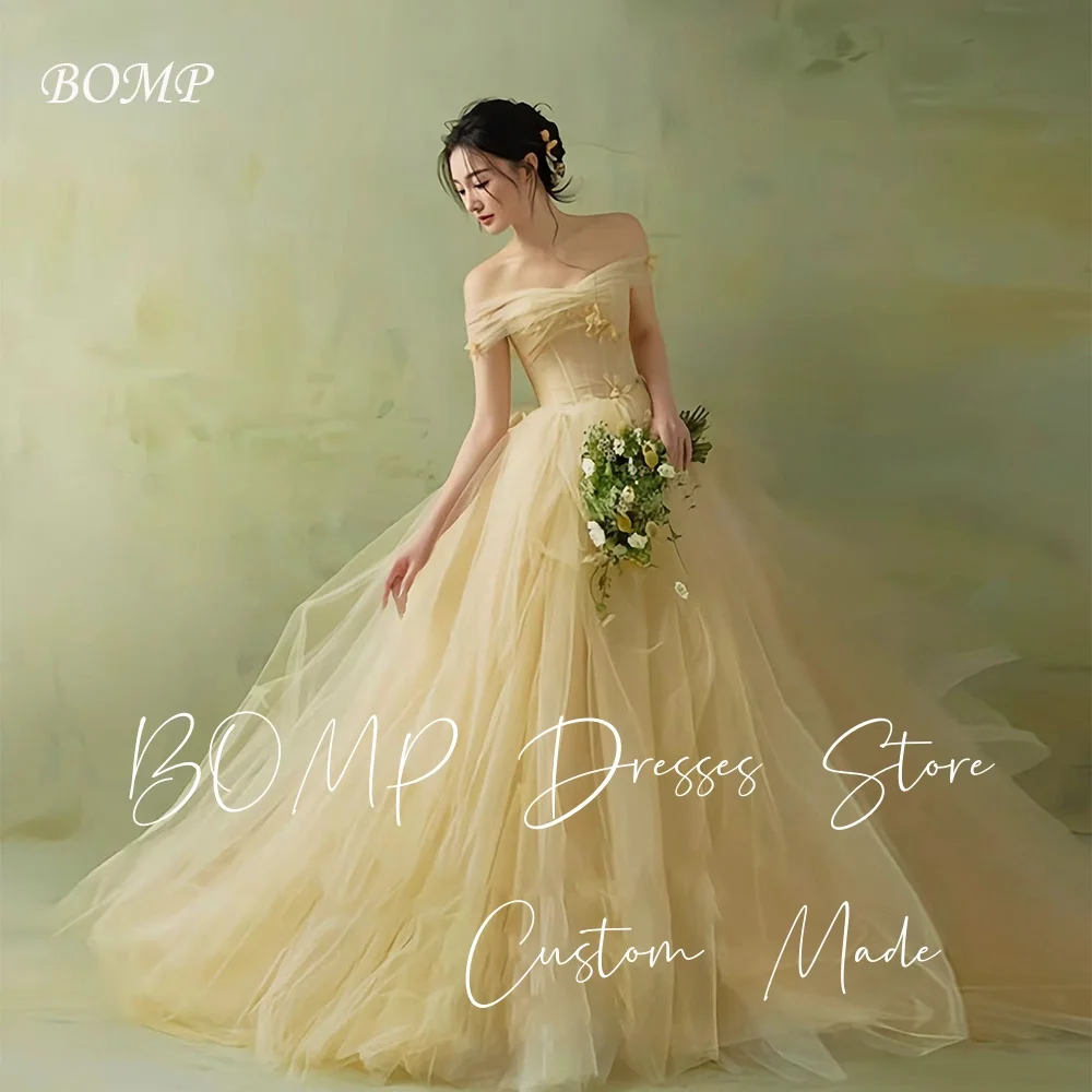 

BOMP Princess Yellow Wedding Dress Off Shoulder Pleat A-Line Floor Length Tulle Korea Photo Shoot Bridal Gown Customized Classic