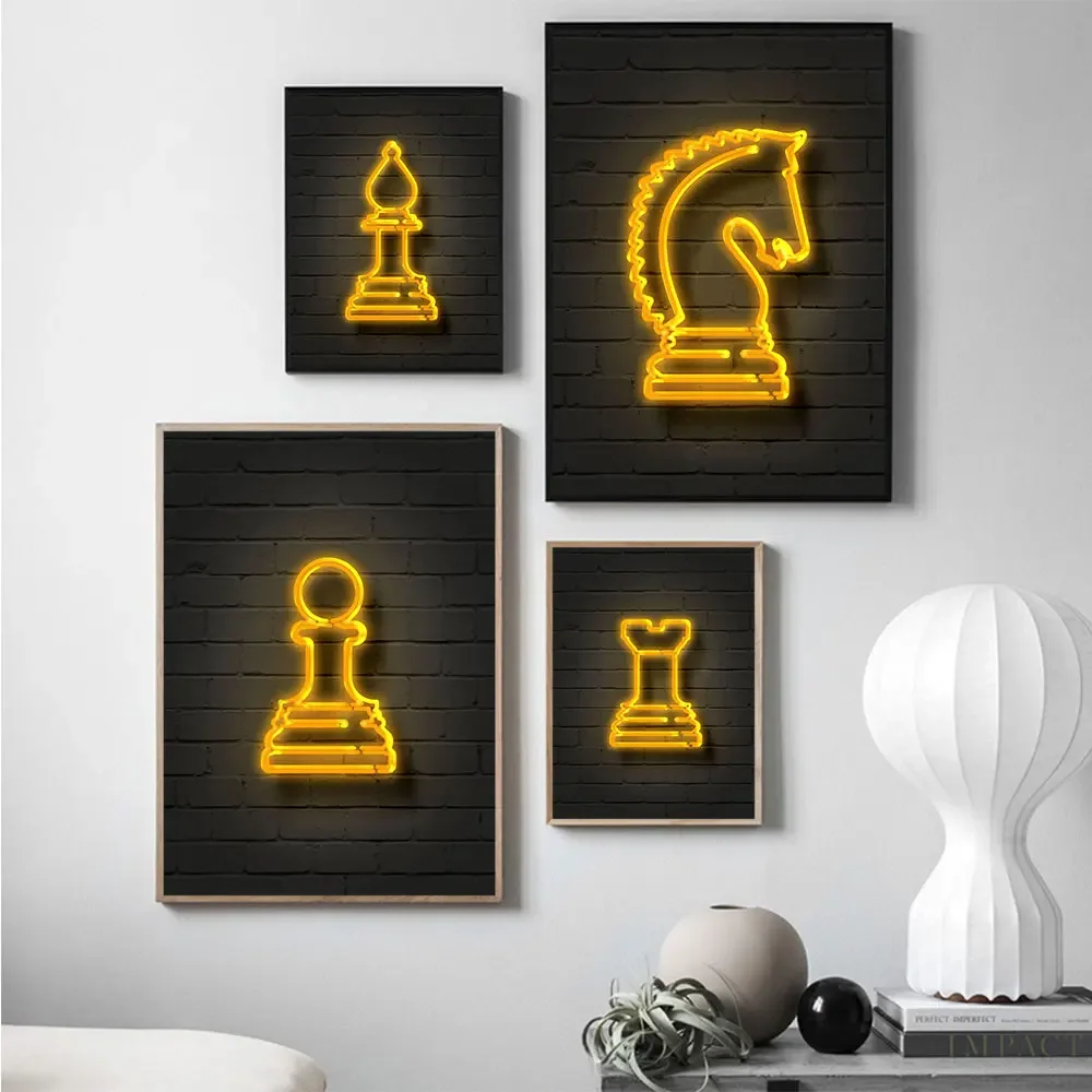 النيون الذهبي قطعة الشطرنج مجردة الملصقات طباعة الأسقف فارس الملكة حائط لوح رسم الفن صور لغرفة المعيشة ديكور #4
