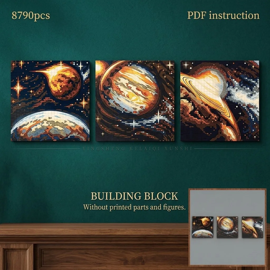 

3-Piece Space Exploration Celestial Planet Mosaic Galaxy Triptych Wall Art Pixel MOC Block Model