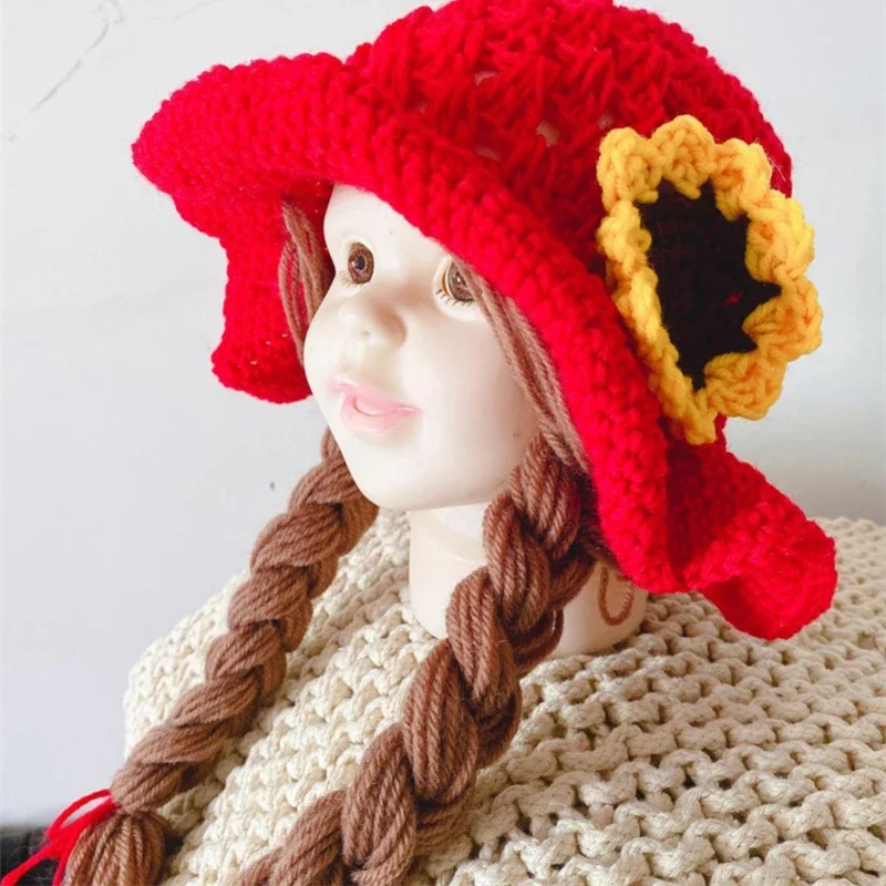 A mano A Maglia Del Bambino Della Ragazza Parrucca Cappello Infantile Parrucche Brades Del Capretto Del Crochet Cappello Caps Con Trecce Bebe