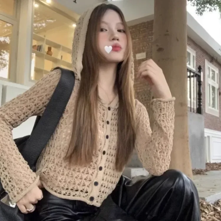 

Fashion Vintage Hoodie Single Breasted Tops Mujer 2025 Sumemr New Loose Coat Women Y2k E-Girl Long Sleeve Hollow Out Cardigan