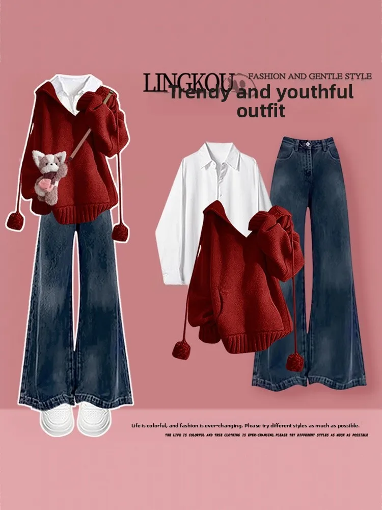 

Large Size Autumn Set Women's Vintage Hoodie Base Shirt Slimming Jeans Three-Piece Set High Waist Long Sleeve Long ...