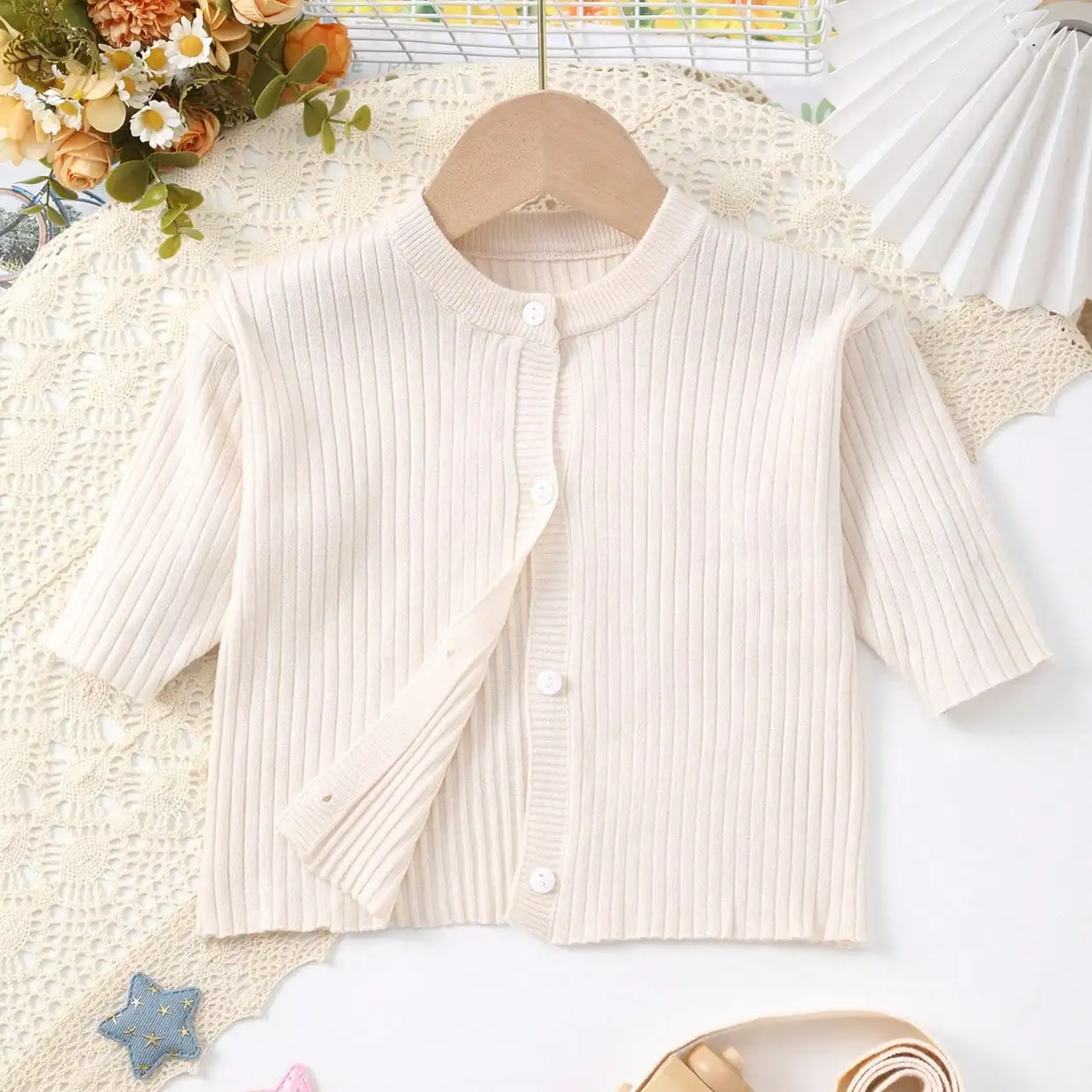 Baby Girl's Spring and Summer Solid Color Ribbed Texture Soft Knit Cardigan