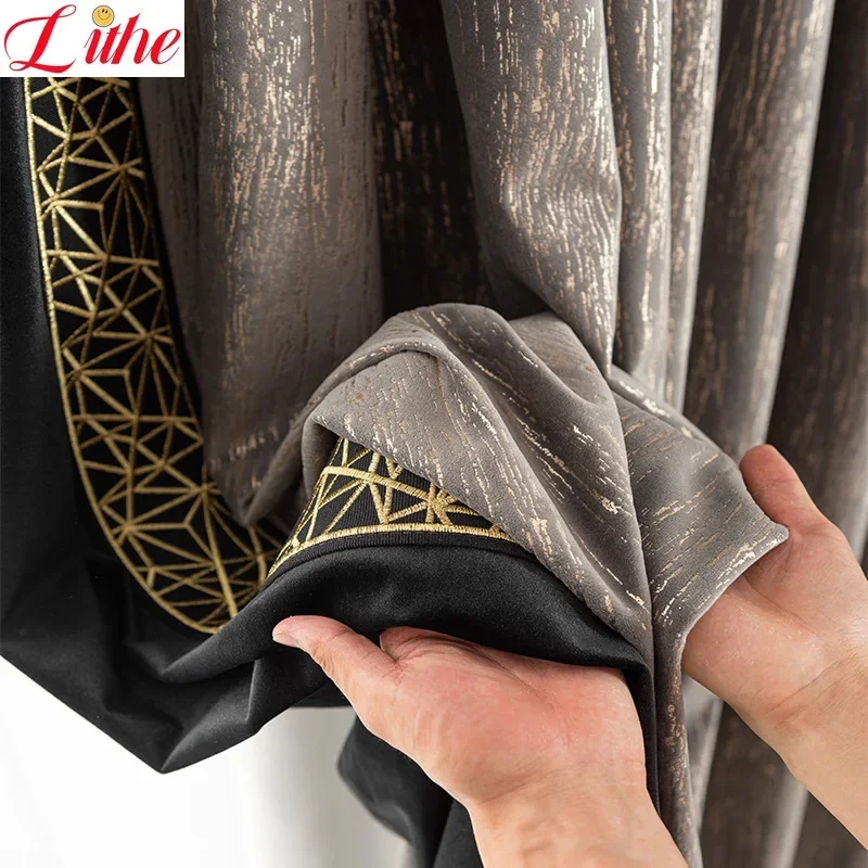 

European Velvet Blackout Grey Luxury Curtains for Living Room Tulle Vintage Golden Lace Stitching Bedroom Custom Dining Room