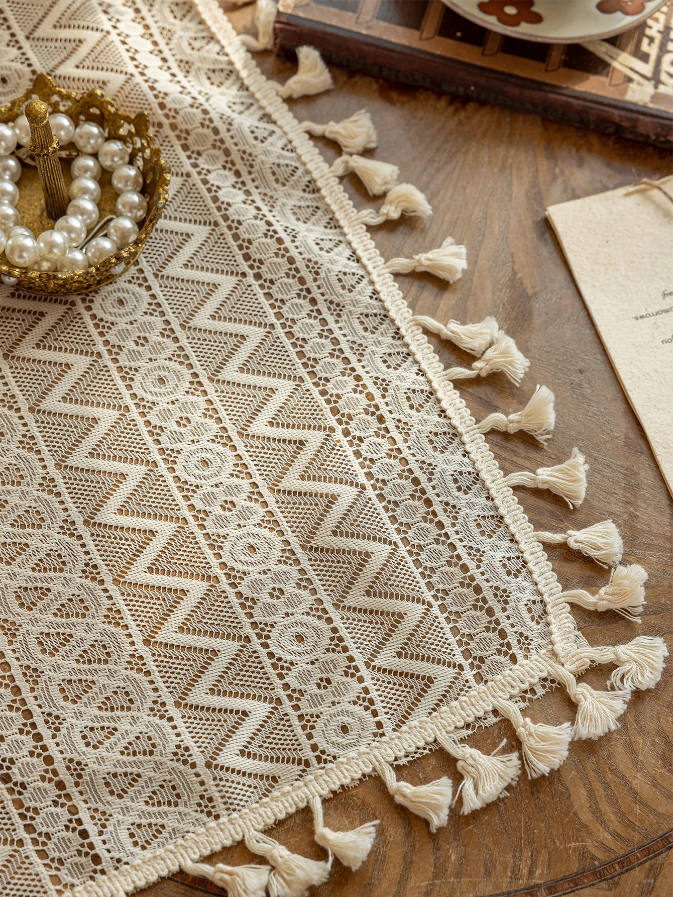 1pc Elegant Lace Rod Pocket Curtains with Tassel Fringe for Bedroom and Living Room Decor, Triangle Wave Pattern