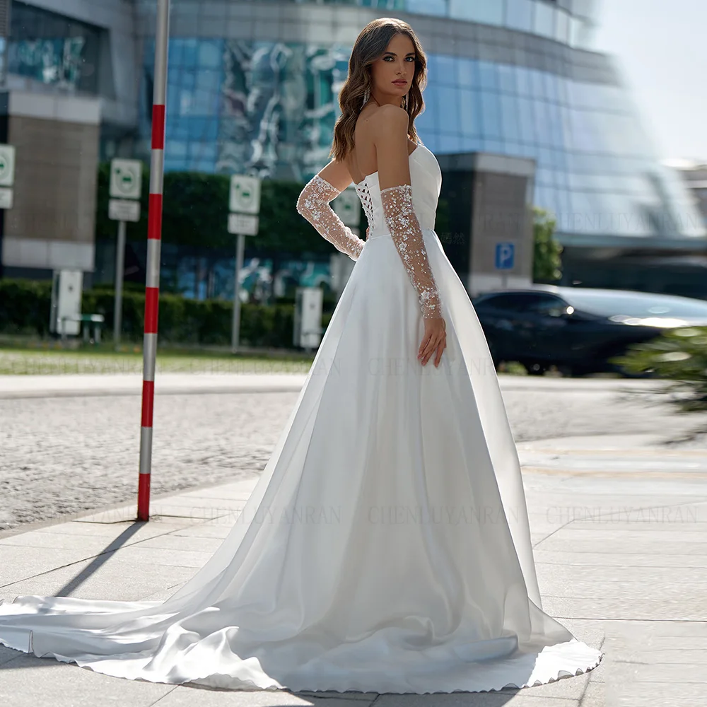 High Quality Satin Wedding Dresses Pleat A-line Ivory Long Bride Dress Sequin Slit Sexy Dress For Women 2024 Robe De Mariée