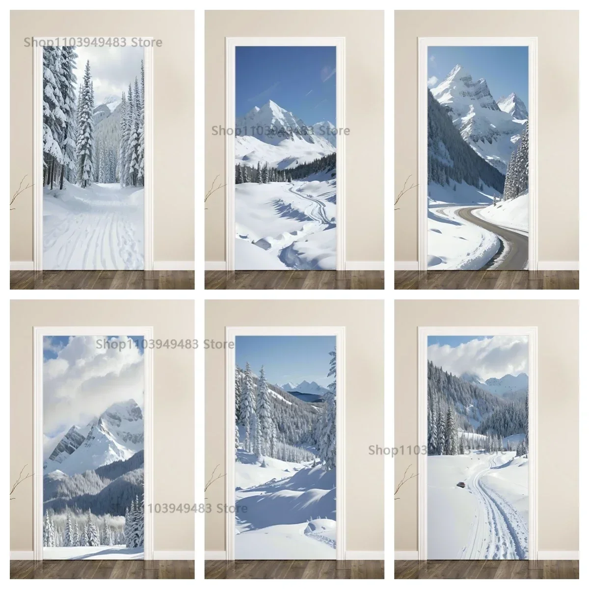 Snow Mountain Scenery Art Mural Self-adhesive Door Wrap Waterproof Sticker for Decorative Closet Room Cabinets Aesthetics Decals