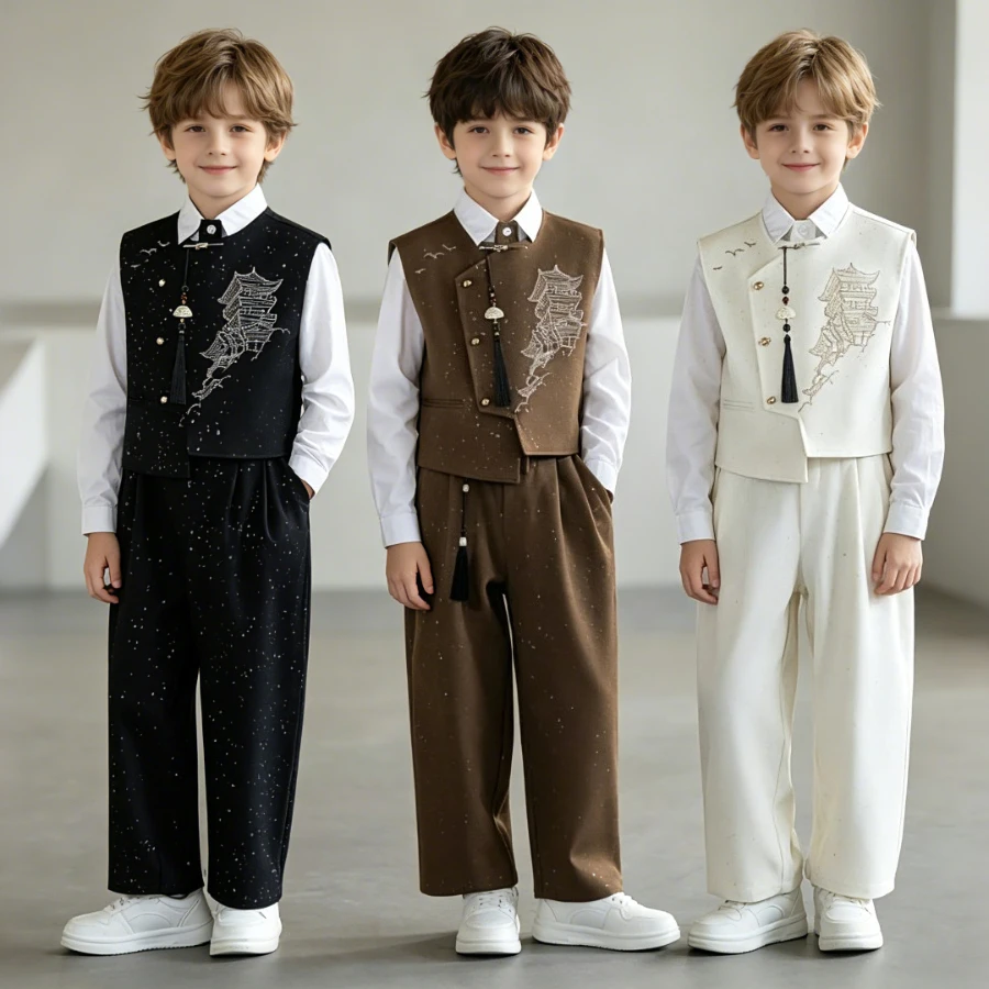 Boys Chinese Style Waistcoat Set Embroidered Gold Castle Starry Fabric with Loose Trousers Teen Kids New Year Piano Stage Wear