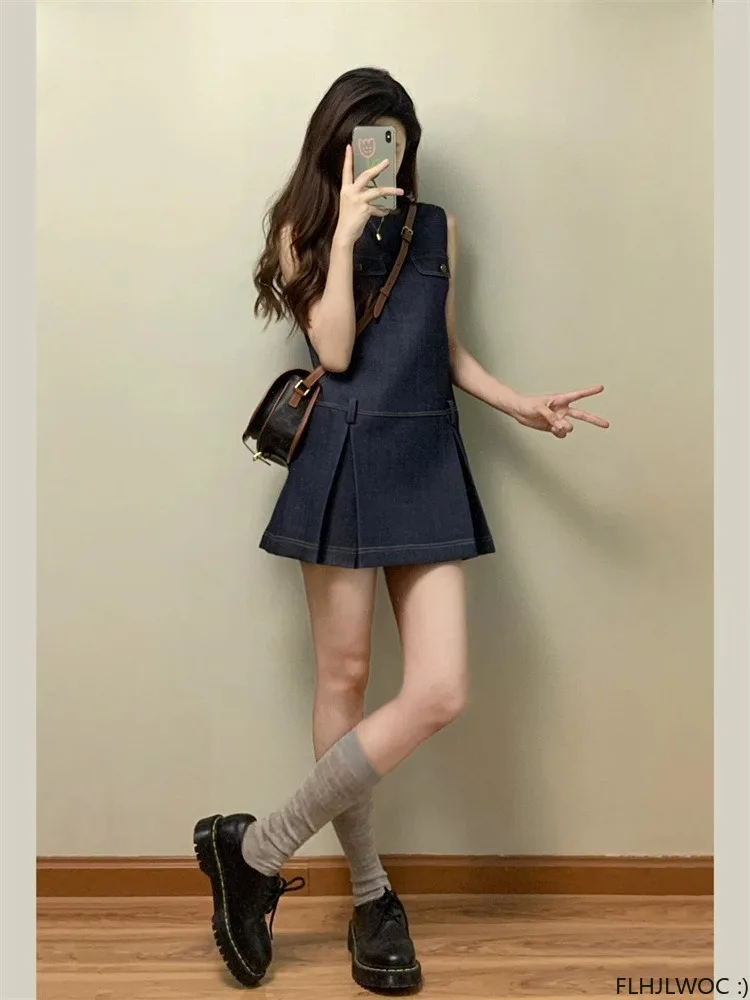 Abiti da camicia senza maniche nuovo Design donna ufficio Lady Girls All-Match Solid Ruffles Mini Blue Jeans Denim Dress
