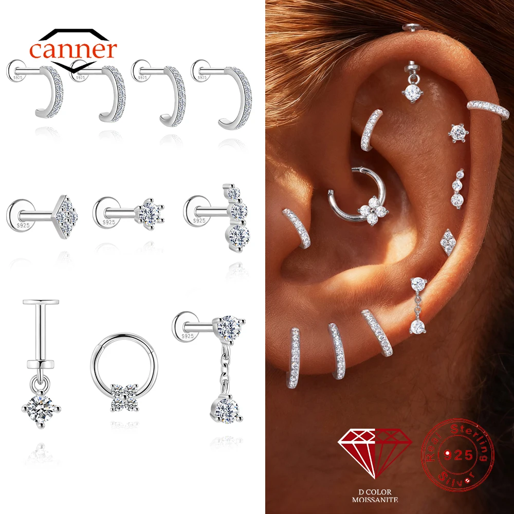 CANNER 1PC Moissanite Classic Flat Head Threaded Cartilage 925 Sterling Silver Stud Earrings For Women Ins Piercing Jewelry Gift