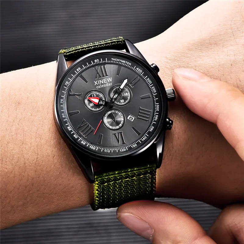Men Original XINEW Brand Watches Black Students Fashion Nylon Band Sports Gifts Date Quartz Watch Relogio Masculino Reloj Hombre