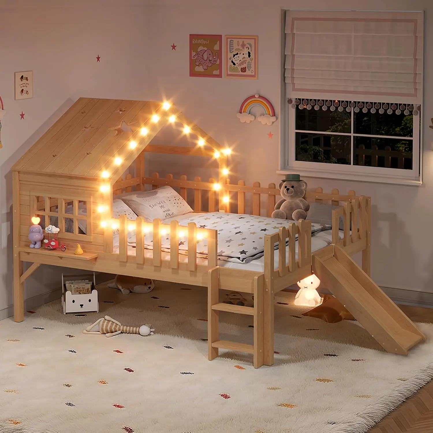 

Full Size House Loft Bed with Slide & LED Lights, Solid Wood Kids Low Loft Bed with Rails and Roof, Low Loft Bed, Customized