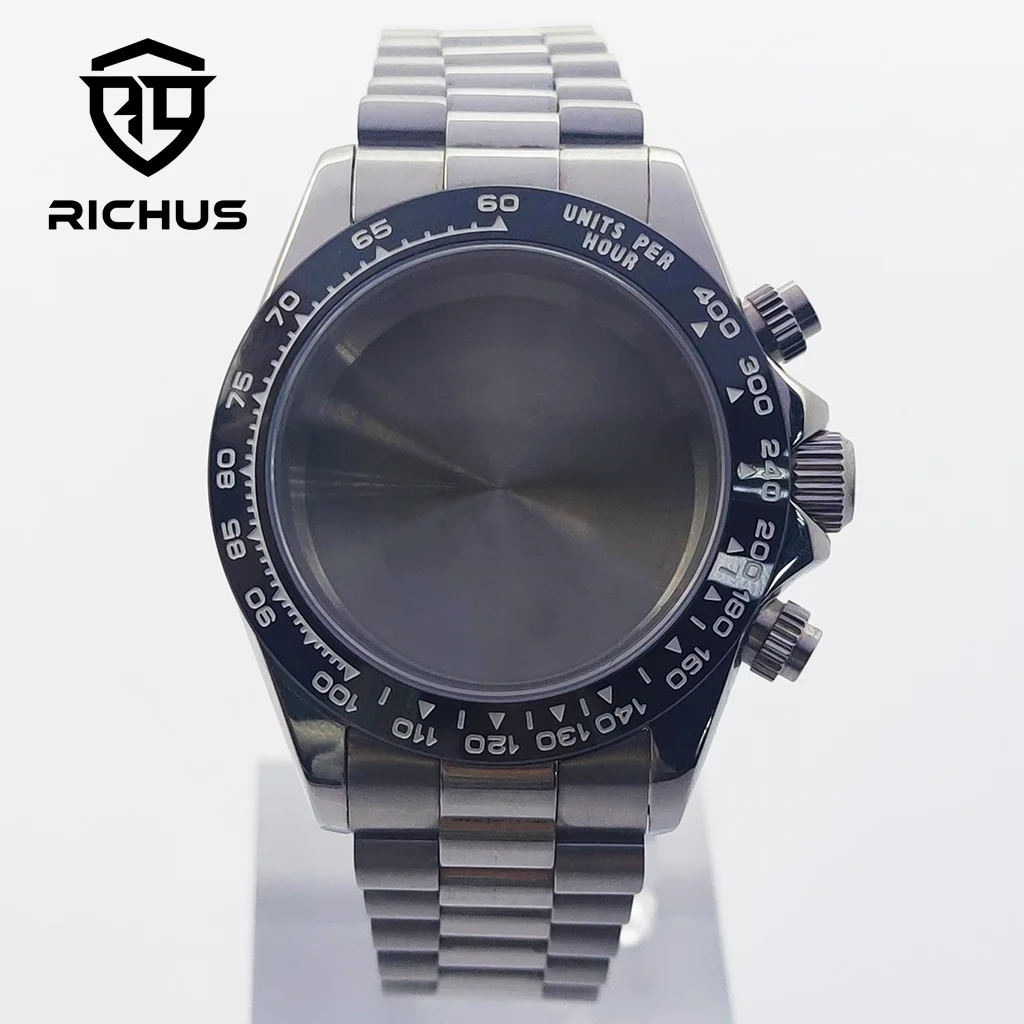 

RICHUS 39mm Silver Watch Case With Strap Fit 29.5mm Dial Fit VK63 Quartz Movement Watch Accessories