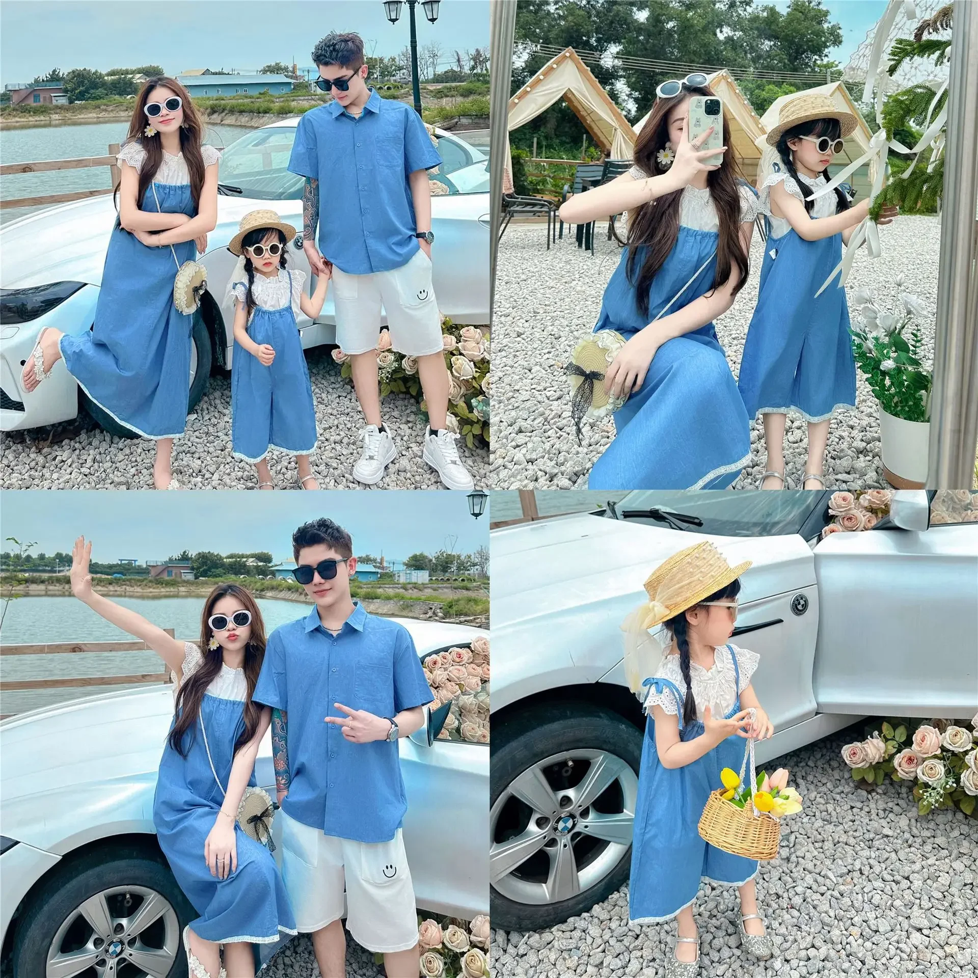 Family Denim Clothes Holiday Look Dad Son Blue Shirts Mom Daughter Matching Outfit Women Dresses Baby Girl Blouse Jumpsuit Set