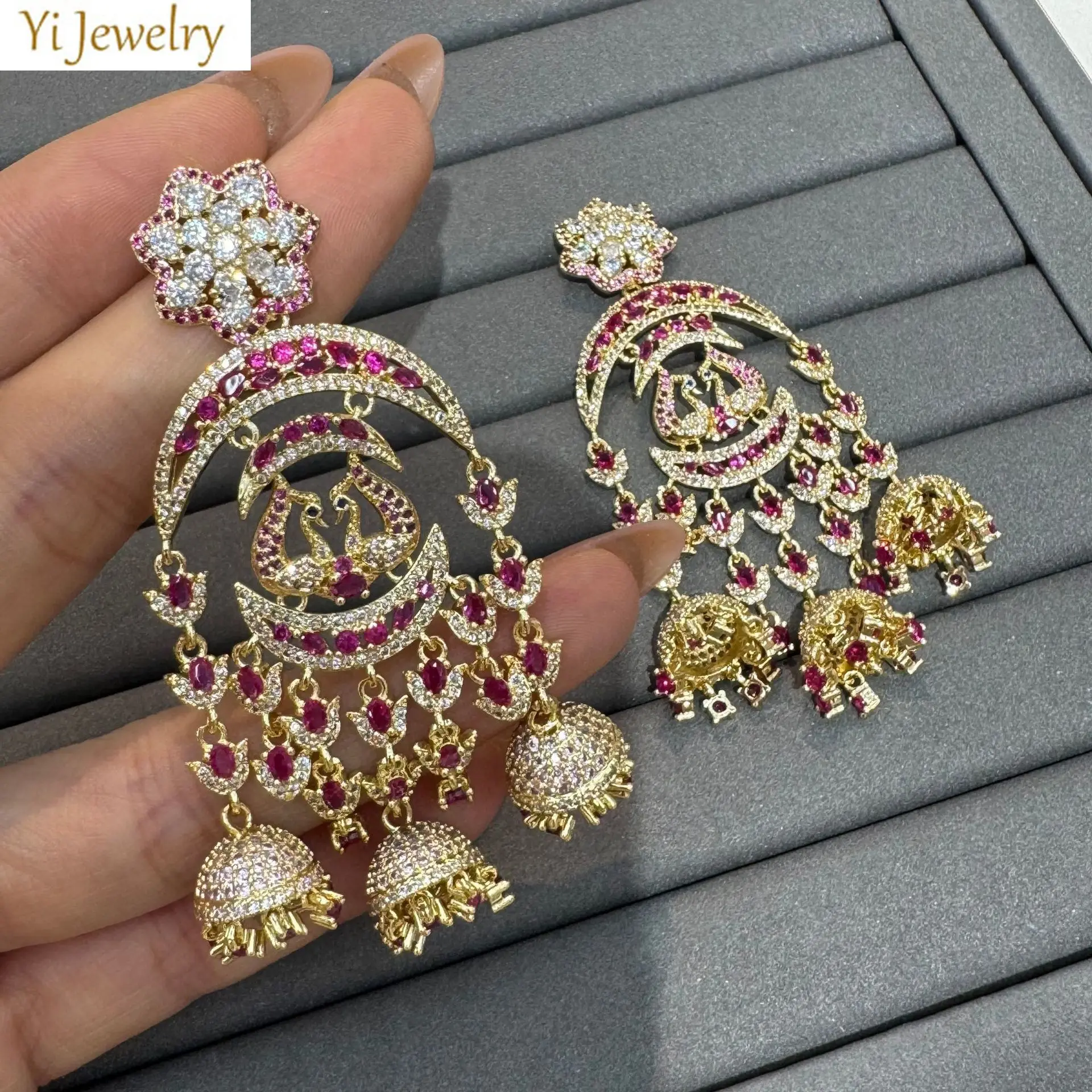 luxury zirconia earrings for women evening party shiny jewelry fushia orange purple wide dangling earrings