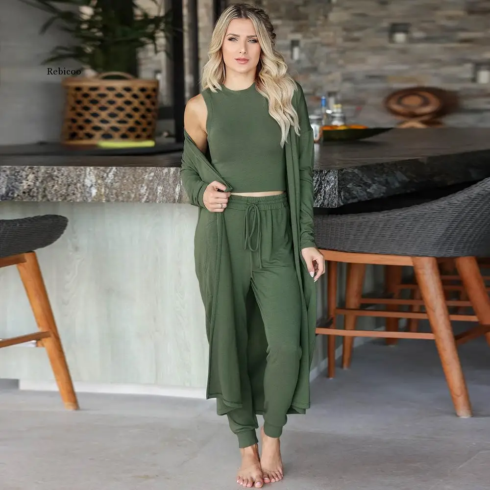 

Spring and Autumn 3-piece Women's Pajamas with Solid Color Pajamas Vest Tops Ladies Pajamas Home Set Pajamas Clothes Wide Leg